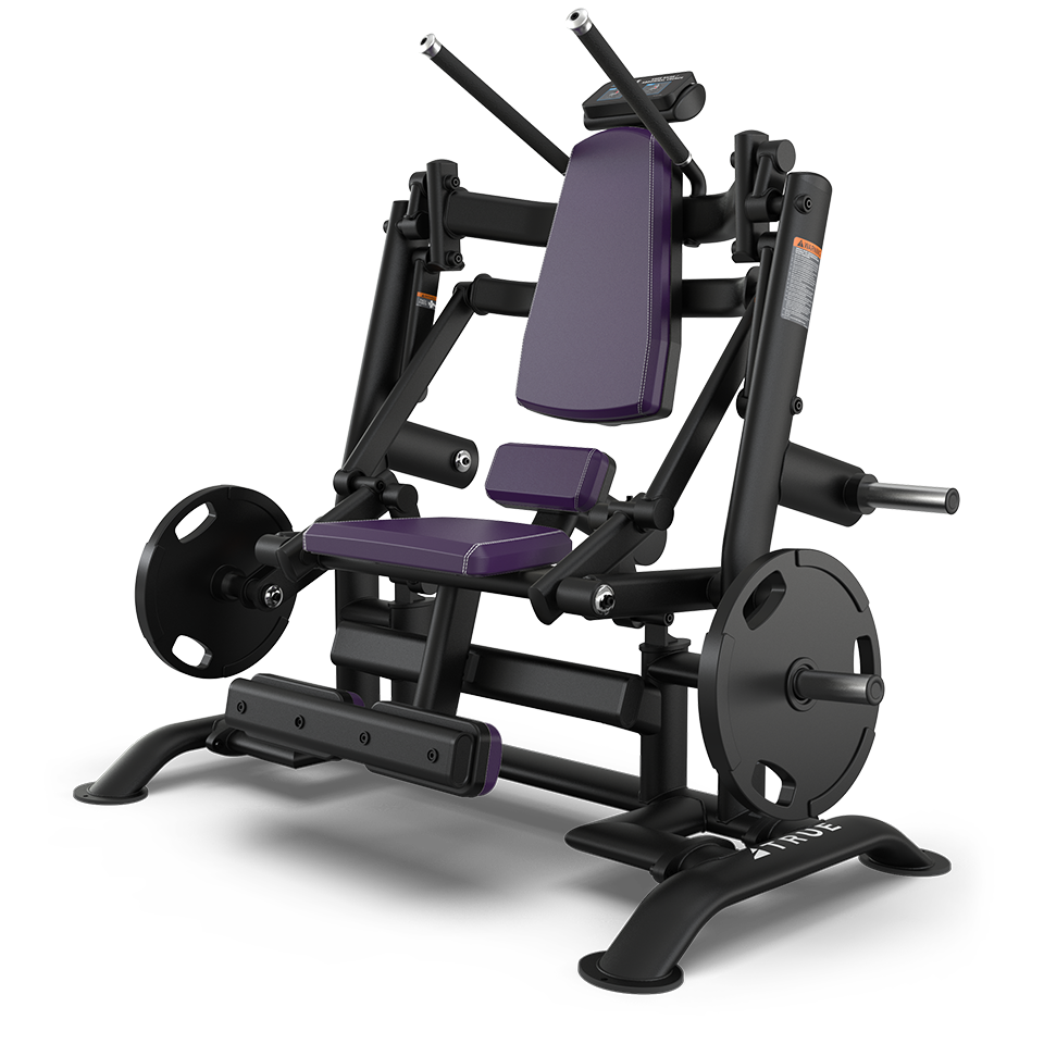 A black and purple gym machine with padded seat and backrest, designed for leg or chest exercises, featuring weight plates, handles, and adjustable components for strength training.