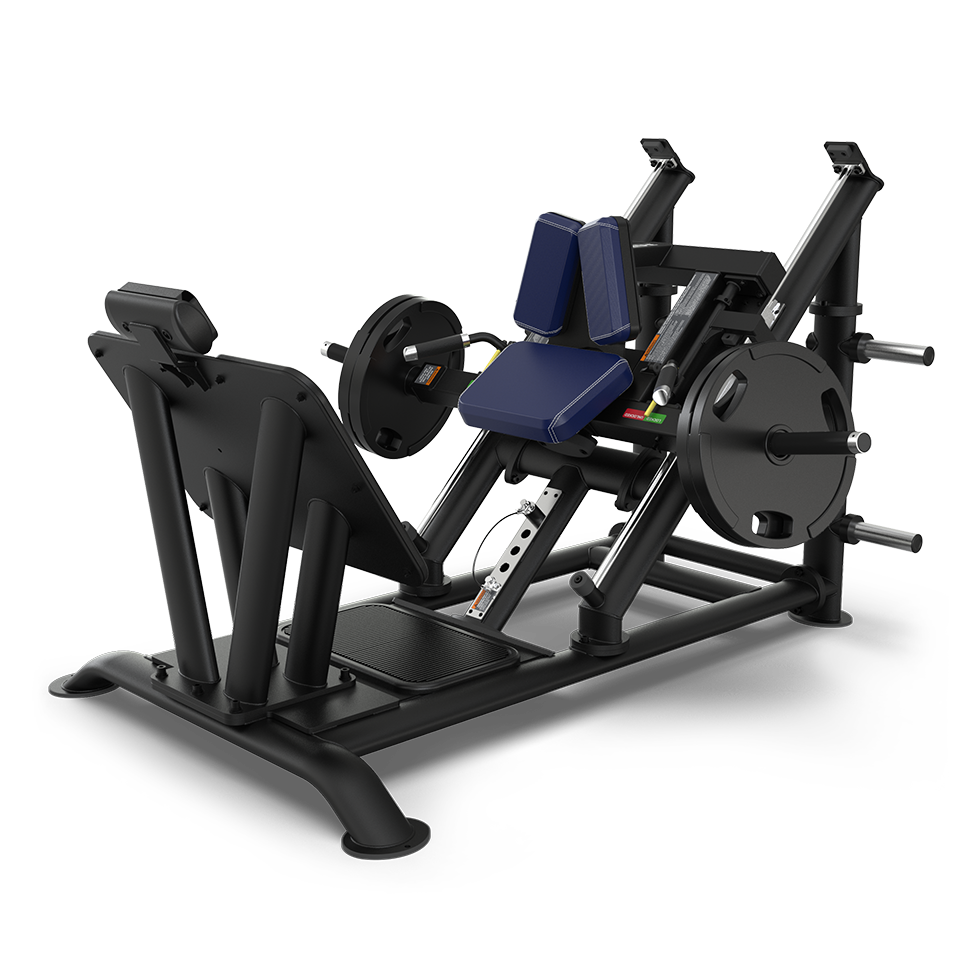 A black and blue leg press machine with weight plates loaded on both sides, angled seat, and foot platform designed for gym strength training exercises.