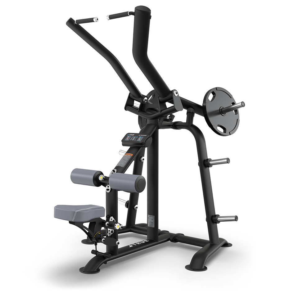 A black and gray plate-loaded gym machine with padded seat and leg supports, angled handles, and weight storage pegs, designed for upper body exercises like lat pulldowns or rows.