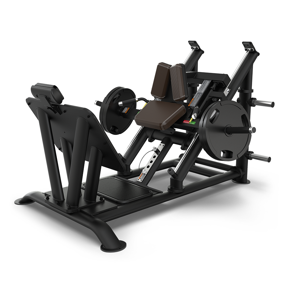 A black and brown leg press machine with weight plates loaded on both sides, featuring a padded seat, foot platform, and sturdy metal frame, designed for strength training workouts.
