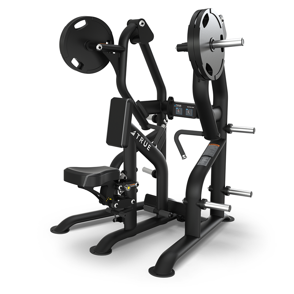 A black seated strength training machine with padded seat and backrest, metal handles, and weight plates attached on both sides, designed for upper body workouts.