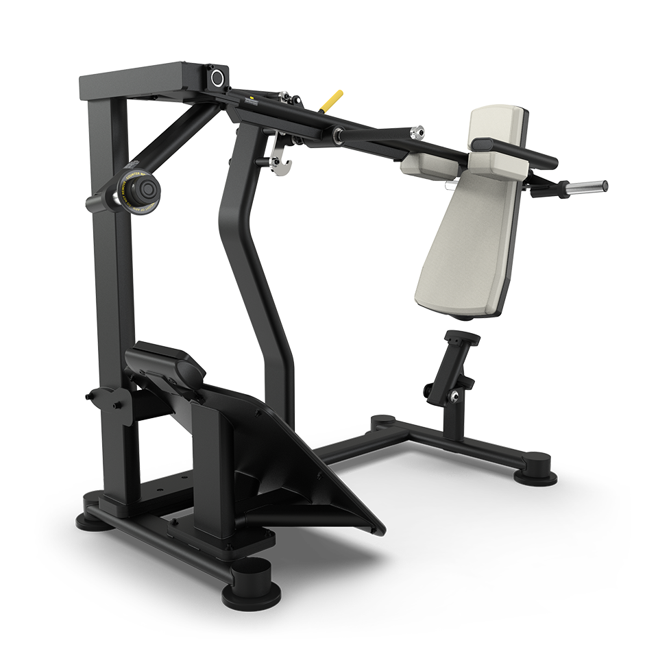 A black and gray plate-loaded gym machine with a padded seat and backrest, angled handles, and footrests, designed for strength training exercises like chest or shoulder presses.