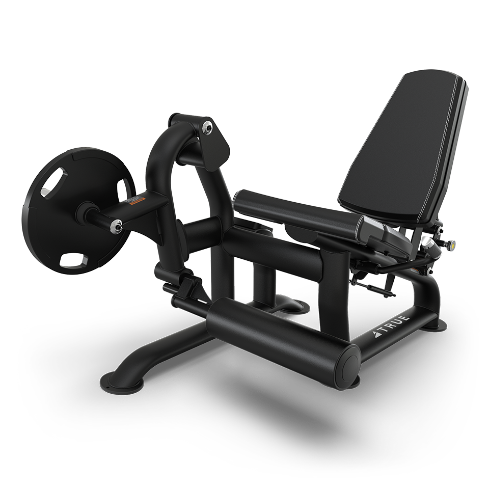 A black leg extension and curl gym machine with a padded seat, adjustable backrest, and a weight plate attached for resistance, designed for lower body workouts.