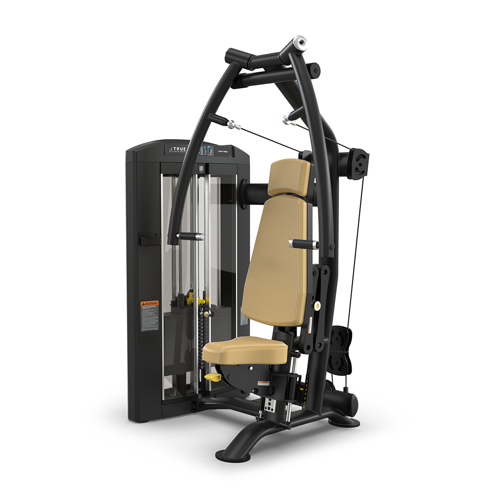 A black and beige seated chest press machine with padded bench, adjustable handles, and weight stack, designed for strength training in a gym setting.