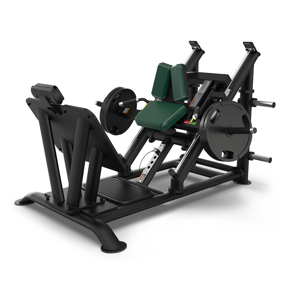 A black and green leg press machine with weight plates loaded on both sides, designed for gym use, featuring angled footplates, padded back support, and sturdy metal construction.