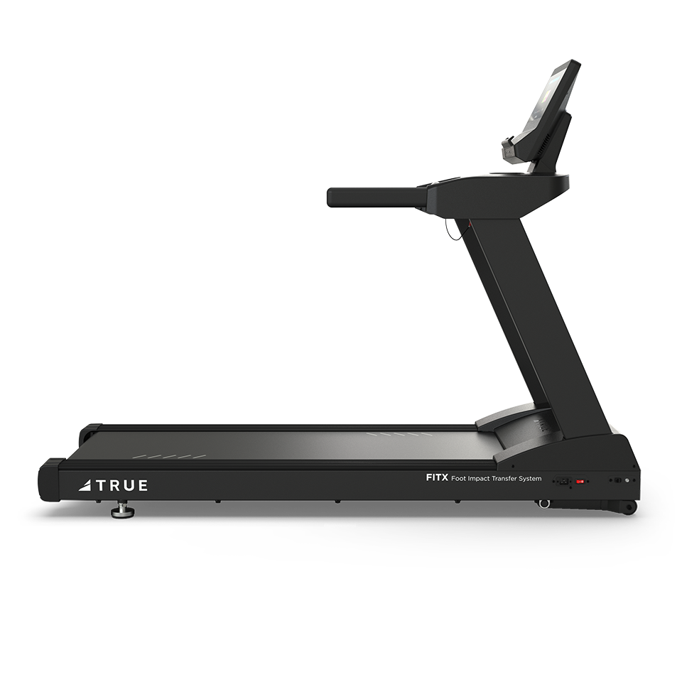 A side view of a black treadmill with a digital display screen, labeled TRUE and FIT Foot Impact Transfer System, set against a plain white background.