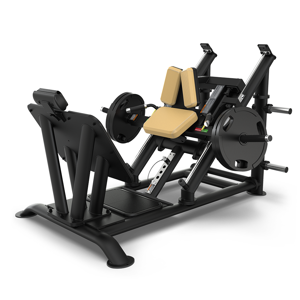 A black and yellow leg press machine with weighted plates loaded on both sides, featuring padded back and seat supports and footplate, designed for gym strength training.