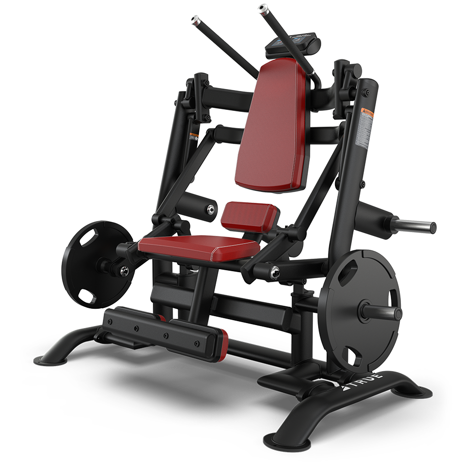 A black and red seated chest press machine with padded seat, backrest, handles, and weight plate holders on a sturdy frame, designed for upper body strength training.