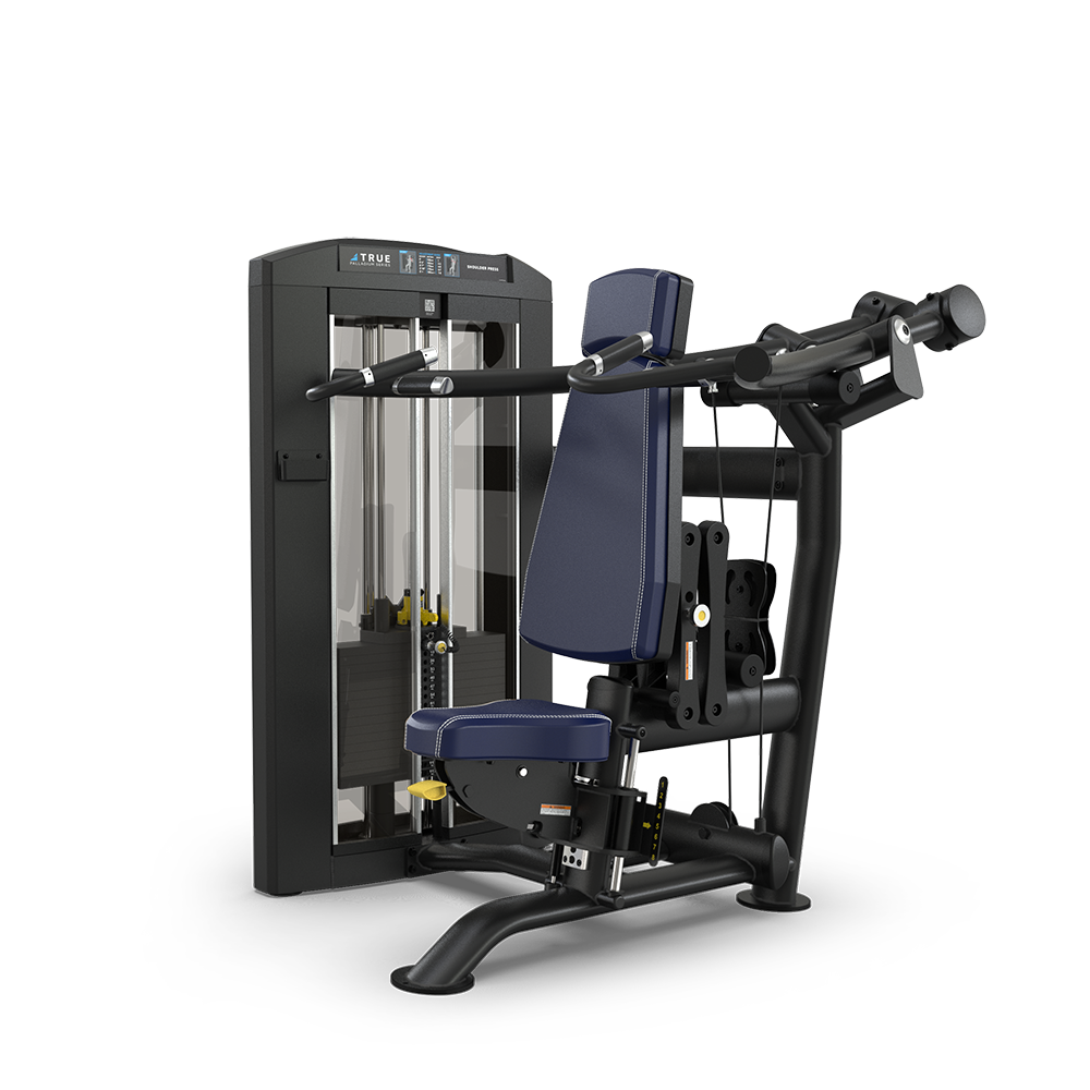 A black and blue seated chest press machine with padded seat and backrest, adjustable handles, and a weight stack for resistance training, designed for gym or fitness center use.