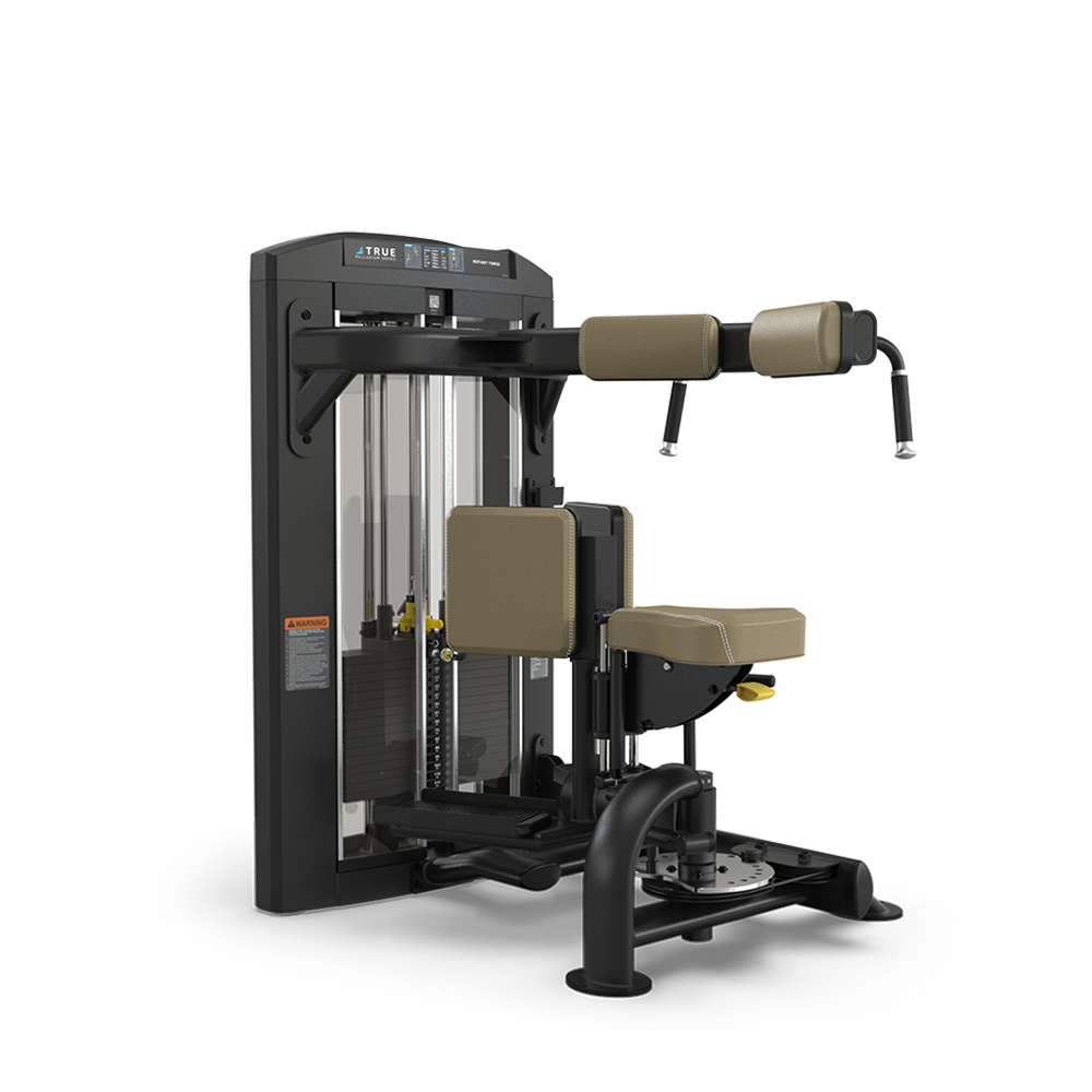 A black and beige gym machine with padded seats and armrests designed for torso rotation exercises, featuring adjustable weights and a sturdy frame on a white background.