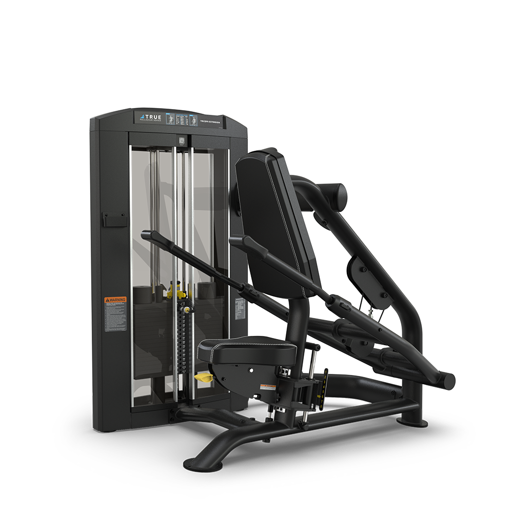 A black seated leg press machine with padded seat, backrest, and foot platform, featuring a weight stack and adjustable resistance, designed for lower body strength training in gyms.