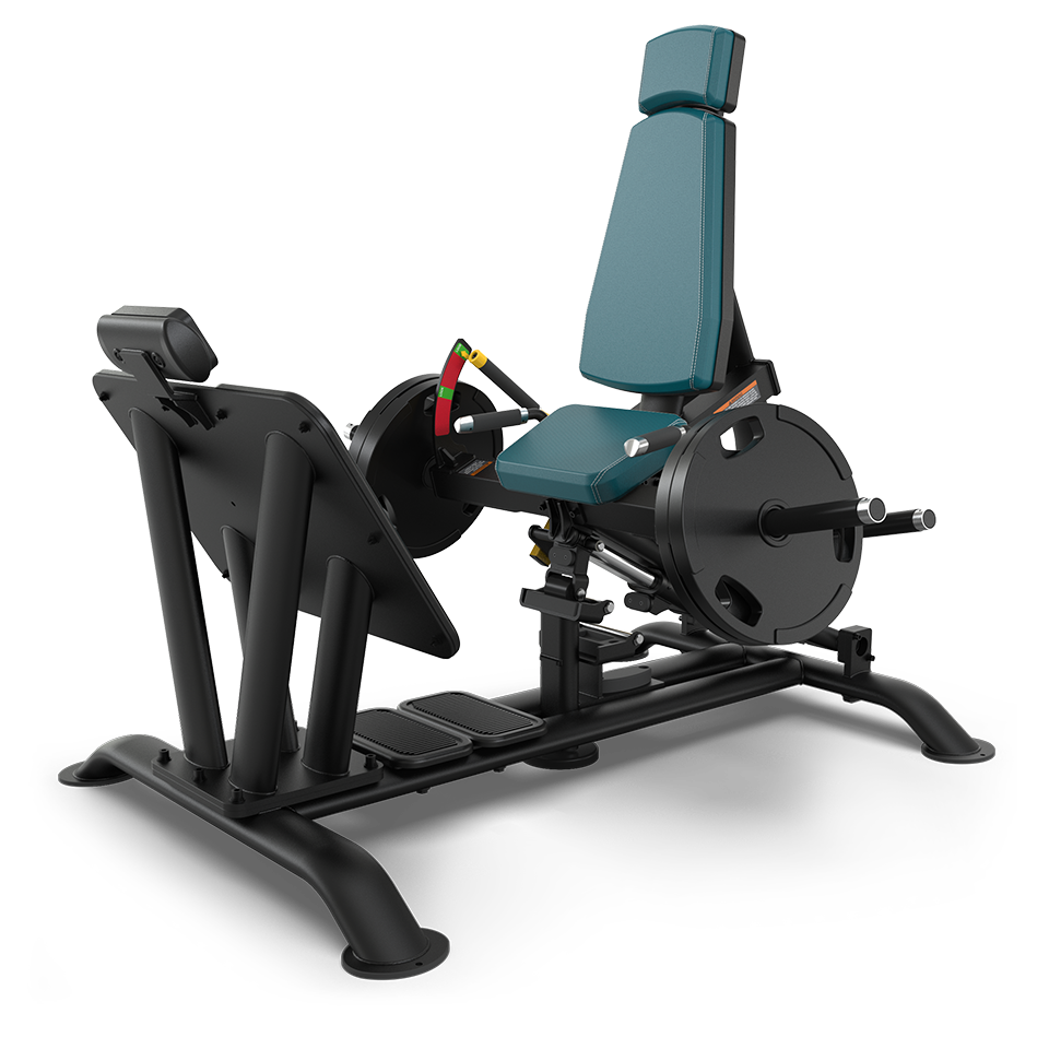 A black and teal leg press machine with an angled padded seat and backrest, foot platform, and weight plates on each side, designed for gym strength training.