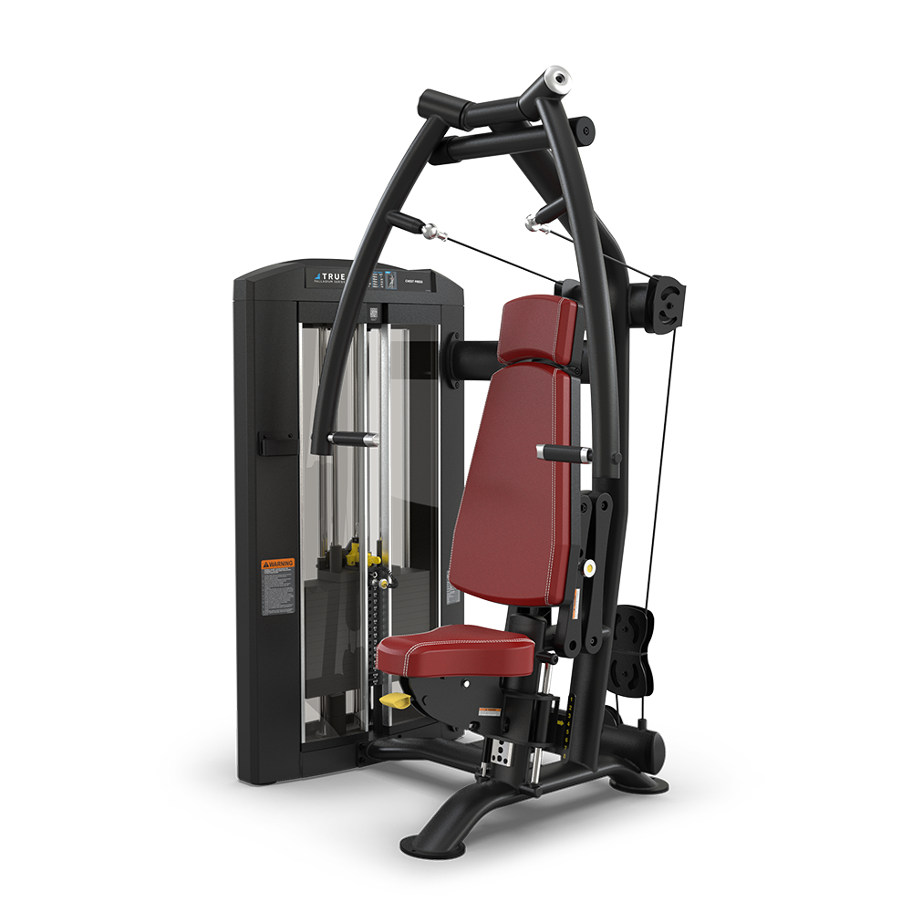 A black and red seated strength training machine with adjustable weights, padded seat and backrest, and cables for upper body exercises, set against a plain white background.