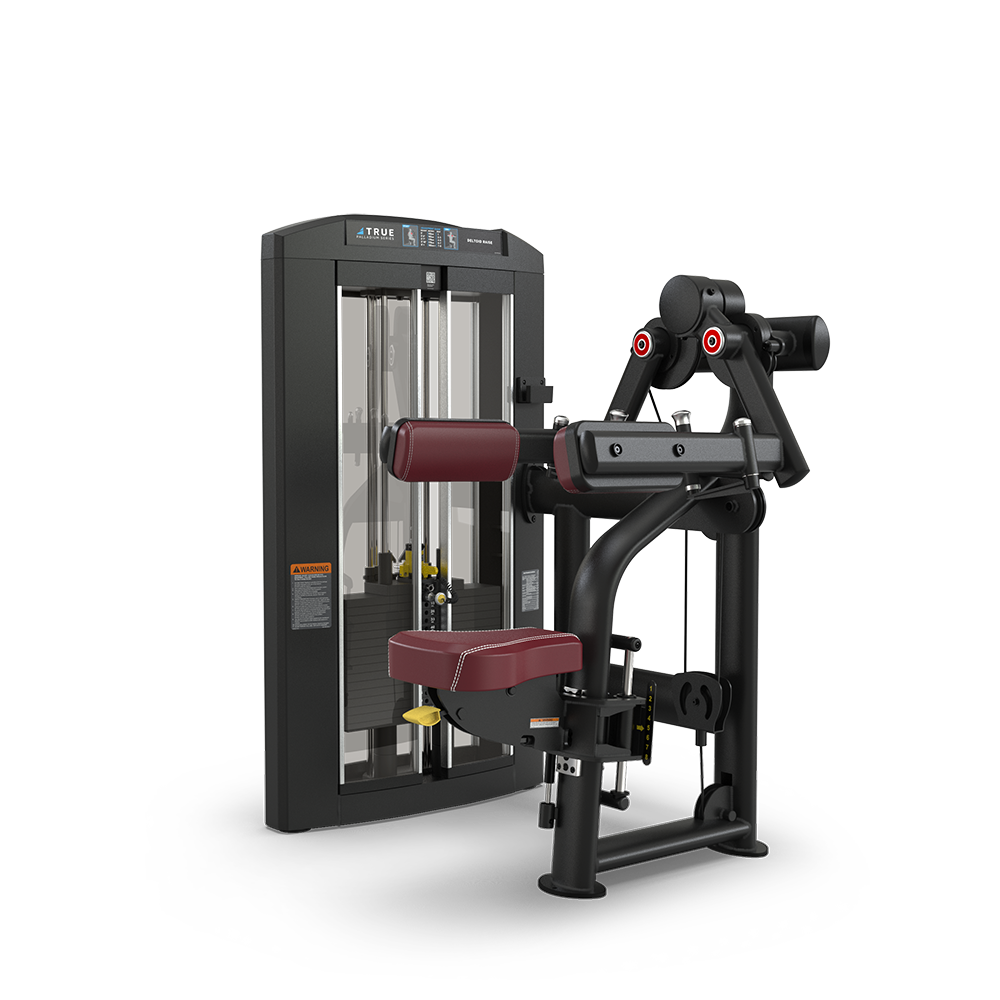 A black and burgundy seated strength training machine with padded arm and seat supports, adjustable weights, and a weight stack, designed for isolating arm and upper body muscles.