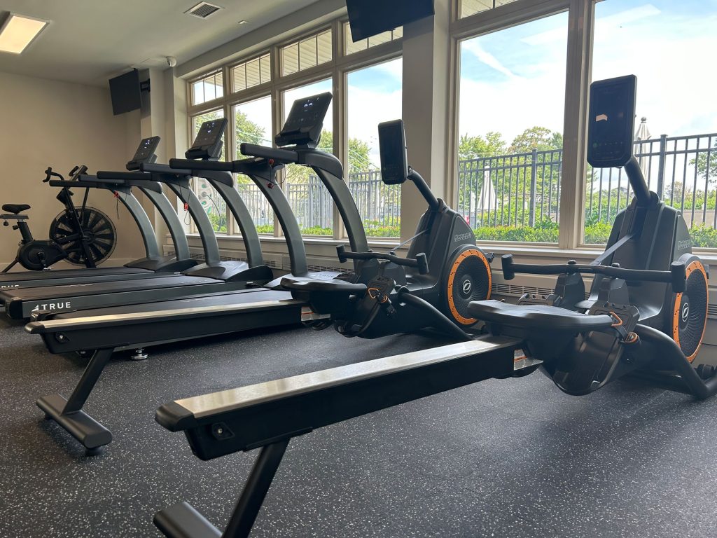 A gym room with a row of treadmills and a pair of rowing machines facing large windows, letting in natural light and offering a view of greenery outside.