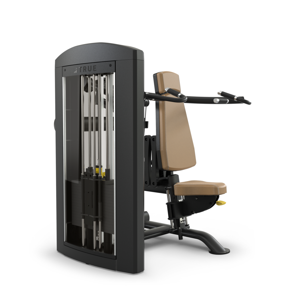 A multi-functional gym machine with a padded seat and backrest, adjustable arms, and a weight stack, designed for upper body strength training. The frame is black with tan padding.