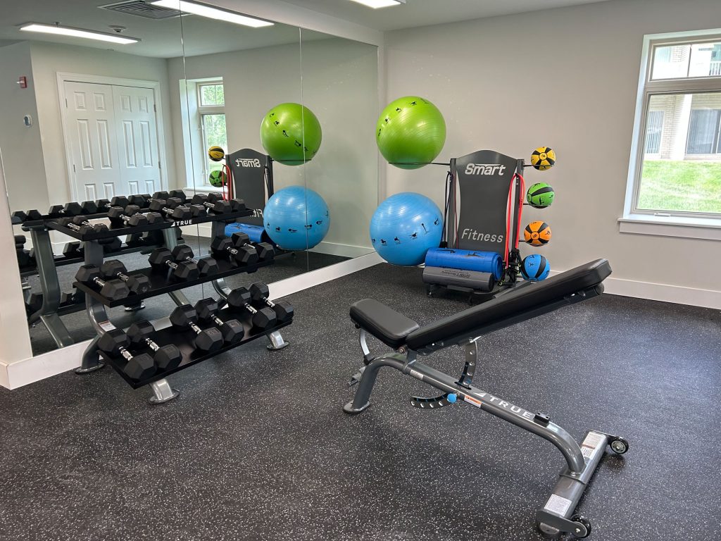 A small gym room with a weight bench, dumbbells on racks, stability balls mounted on the wall, medicine balls, a foam roller, and large mirrors reflecting the equipment. A window lets in natural light.