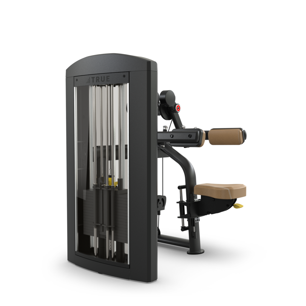 A seated exercise machine with a padded brown seat and armrests, black frame, and weight stack, designed for strength training in a gym setting.