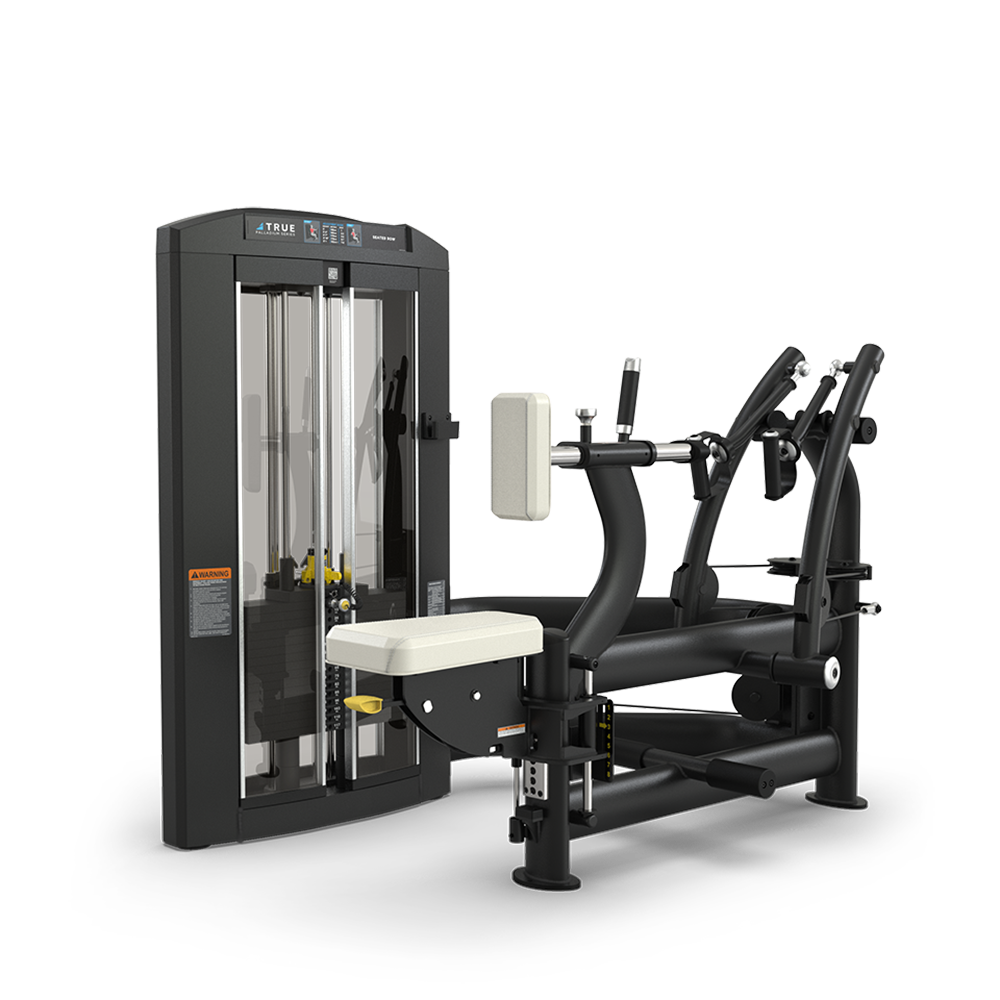 A commercial strength training machine with a black frame, weight stack, adjustable padded seat, and multiple handles for upper body exercises, designed for use in gyms or fitness centers.