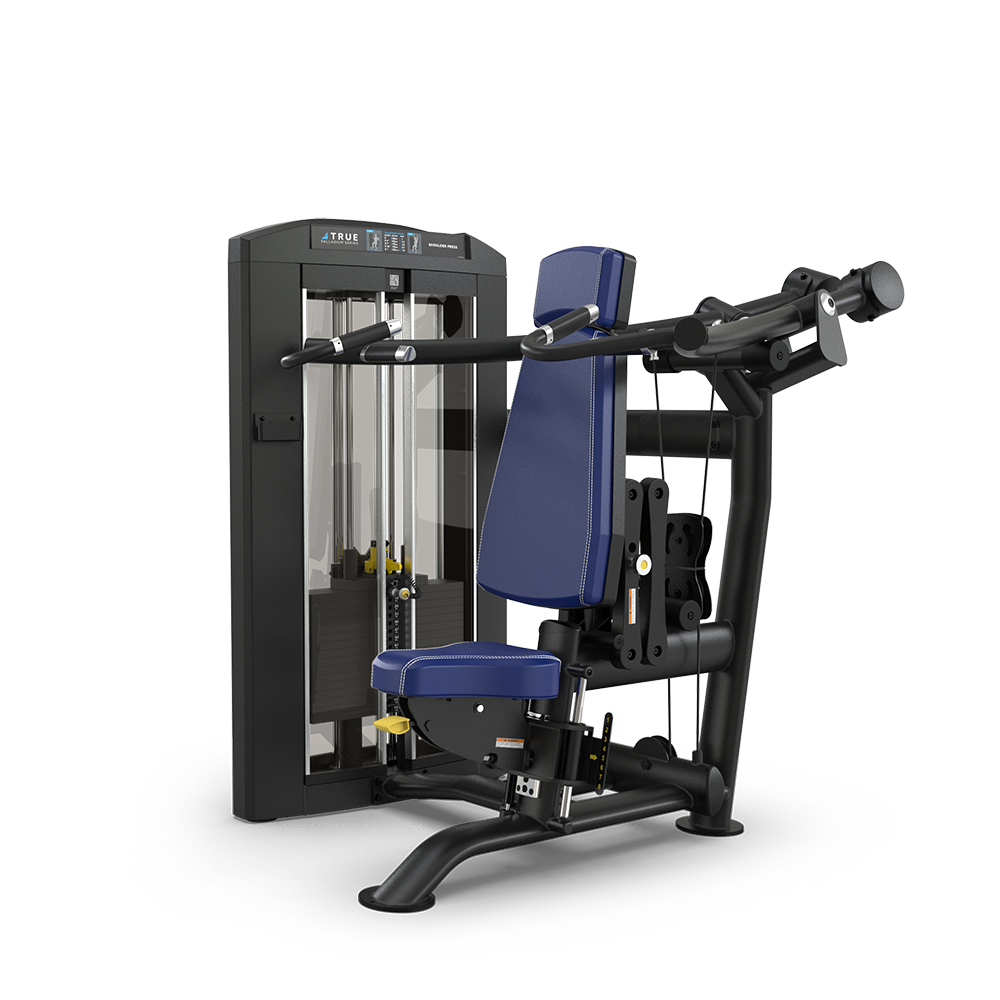 A blue and black seated chest press gym machine, featuring padded seat and backrest, adjustable arms, and a weight stack enclosed in a black frame, isolated on a white background.