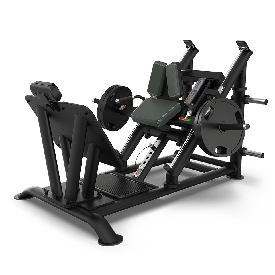 A black and gray leg press machine with weight plates loaded on each side, padded backrest, angled footplate, and multiple handles, designed for lower body strength training in a gym.