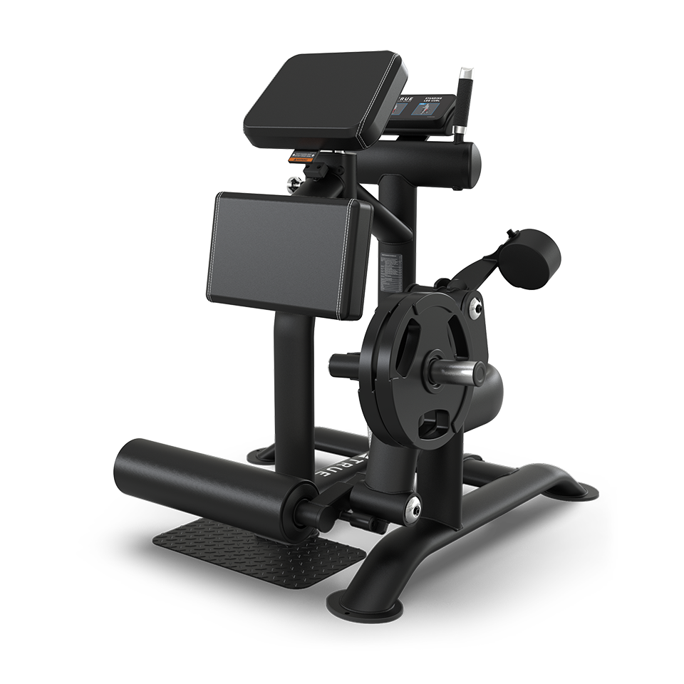A black gym machine for leg exercises, featuring padded supports, a footplate, adjustable weight plate holder, and ergonomic handles, designed for seated use on a sturdy metal frame.