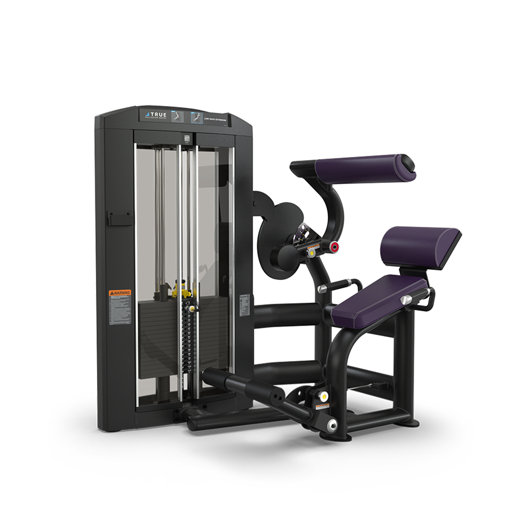A black and purple seated gym machine with padded arm and leg supports, weight stack, and adjustment handles, designed for isolation exercises such as biceps curls or triceps extensions.