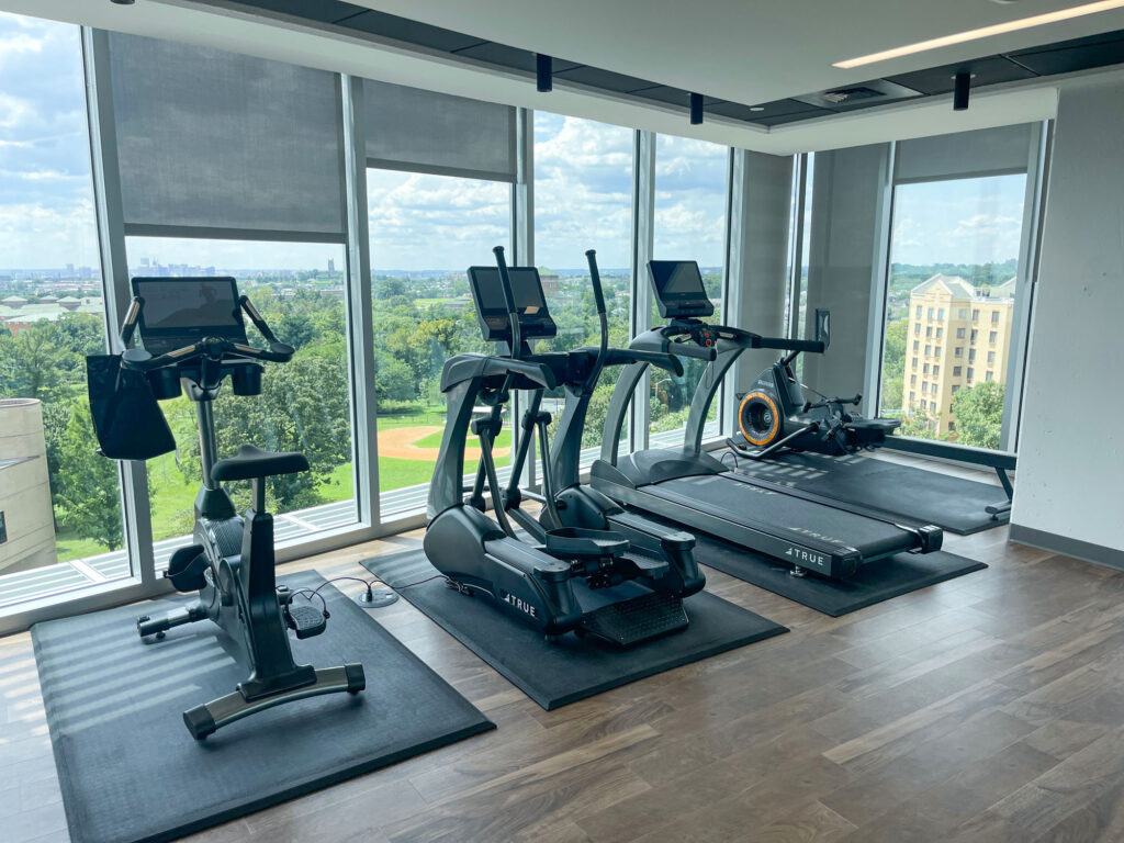A modern gym with large windows showing a green outdoor view, featuring an exercise bike, two elliptical machines, and a rowing machine on mats, all facing the windows.