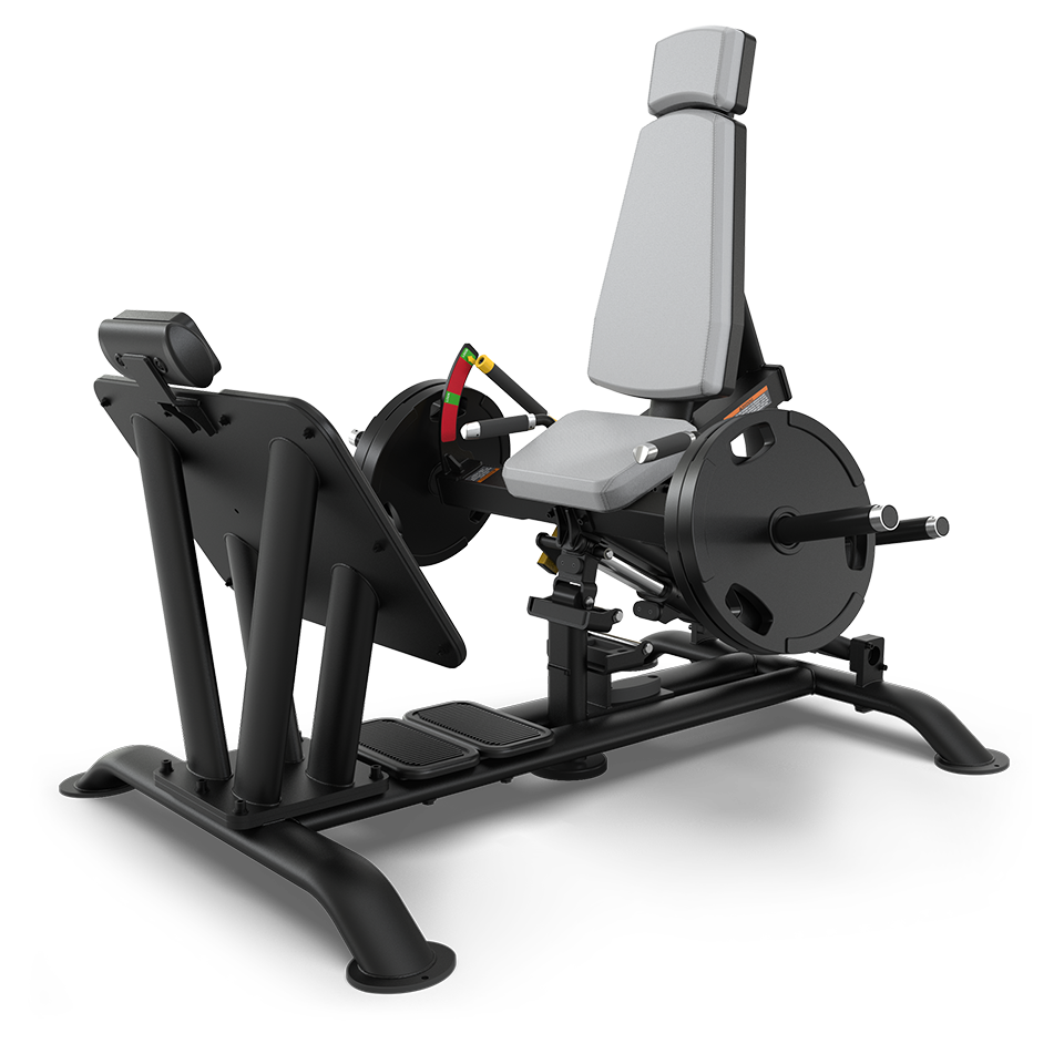 A leg press machine with a padded seat, adjustable backrest, and footplate, designed for strength training exercises, shown on a white background.
